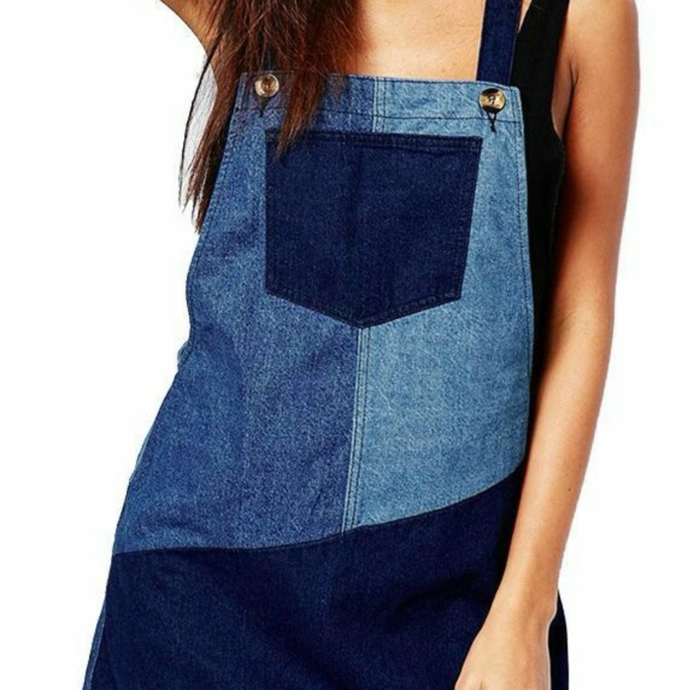 Boohoo Blue Patchwork Pinafore Dress